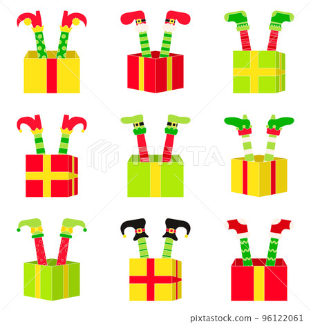 Set of Elf feet with gift box in flat style isolated Set of Elf feet with gift box in flat style isolated 96122061