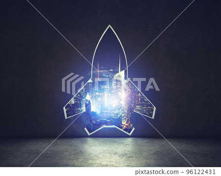 Concept of startup with a rocket shape hole in the wall which alludes to the departure towards new goals 96122431