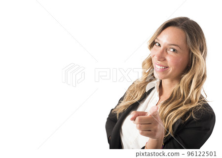 Businesswoman that indicates on the camera. Concept of people recruitment Businesswoman that indicates on the camera. Concept of people recruitment 96122501