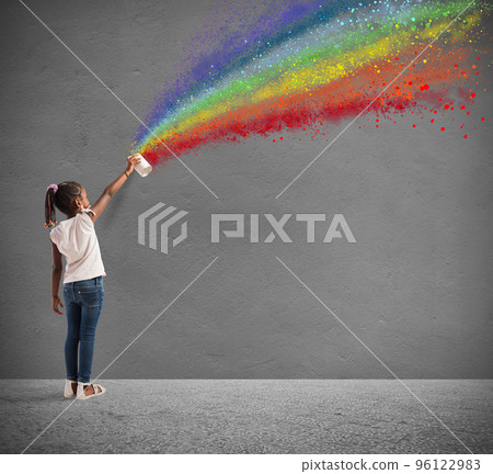 Child draws with spray the color of peace Child draws with spray the color of peace 96122983