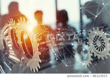 Business team with gears system. Teamwork, partnership and integration concept with network effect. double exposure 96123015