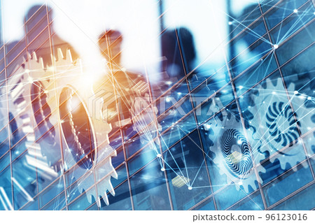 Business team with gears system. Teamwork, partnership and integration concept with network effect. double exposure 96123016
