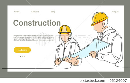 Vector landing page of architecture works with protective face masks for safety in machine industrial factory. Continuous one line drawing for your minimal design Vector landing page of architecture works with protective face masks for safety in machine industrial factory. Continuous one line drawing for your minimal design 96124007