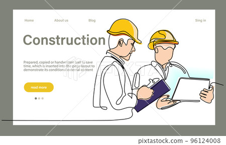 Vector landing page of architecture works with protective face masks for safety in machine industrial factory. Continuous one line drawing for your minimal design 96124008