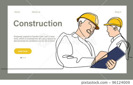Vector landing page of architecture works with protective face masks for safety in machine industrial factory. Continuous one line drawing for your minimal design Vector landing page of architecture works with protective face masks for safety in machine industrial factory. Continuous one line drawing for your minimal design 96124009