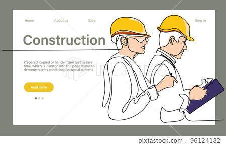 Vector landing page of architecture works with protective face masks for safety in machine industrial factory. Continuous one line drawing for your minimal design Vector landing page of architecture works with protective face masks for safety in machine industrial factory. Continuous one line drawing for your minimal design 96124182