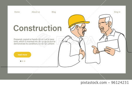 Vector landing page of architecture works with protective face masks for safety in machine industrial factory. Continuous one line drawing for your minimal design 96124231