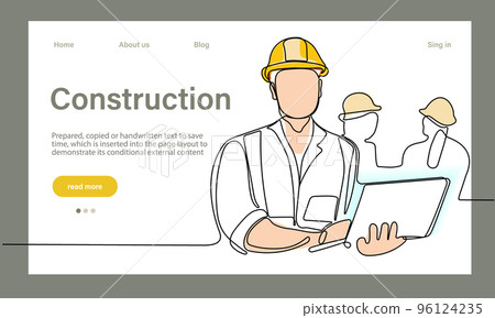 Vector landing page of architecture works with protective face masks for safety in machine industrial factory. Continuous one line drawing for your minimal design Vector landing page of architecture works with protective face masks for safety in machine industrial factory. Continuous one line drawing for your minimal design 96124235