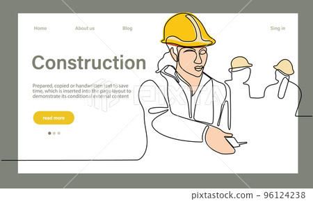 Vector landing page of architecture works with protective face masks for safety in machine industrial factory. Continuous one line drawing for your minimal design Vector landing page of architecture works with protective face masks for safety in machine industrial factory. Continuous one line drawing for your minimal design 96124238