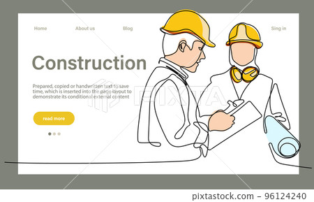 Vector landing page of architecture works with protective face masks for safety in machine industrial factory. Continuous one line drawing for your minimal design Vector landing page of architecture works with protective face masks for safety in machine industrial factory. Continuous one line drawing for your minimal design 96124240