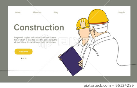 Vector landing page of architecture works with protective face masks for safety in machine industrial factory. Continuous one line drawing for your minimal design 96124259