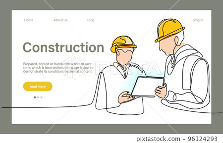 Vector landing page of architecture works with protective face masks for safety in machine industrial factory. Continuous one line drawing for your minimal design Vector landing page of architecture works with protective face masks for safety in machine industrial factory. Continuous one line drawing for your minimal design 96124293