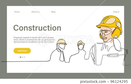 Vector landing page of architecture works with protective face masks for safety in machine industrial factory. Continuous one line drawing for your minimal design Vector landing page of architecture works with protective face masks for safety in machine industrial factory. Continuous one line drawing for your minimal design 96124295