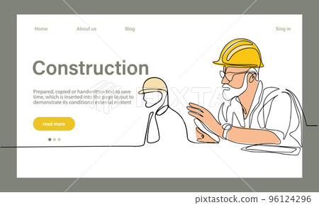 Vector landing page of architecture works with protective face masks for safety in machine industrial factory. Continuous one line drawing for your minimal design Vector landing page of architecture works with protective face masks for safety in machine industrial factory. Continuous one line drawing for your minimal design 96124296