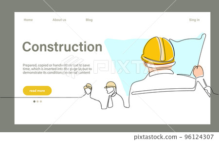 Vector landing page of architecture works with protective face masks for safety in machine industrial factory. Continuous one line drawing for your minimal design 96124307