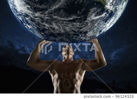 Bodybuilder man that holds the world with his strength 96124328