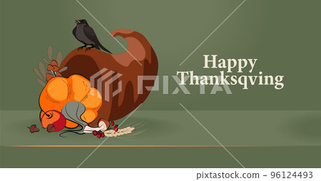 Happy Thanksgiving holiday vector design template for websites, posters, banners. Happy Thanksgiving with traditional food, turkey, pies, pumpkins and fruits. Vector website template 96124493