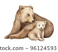 Watercolor woodland animals, cute mama and baby bear. Hand drawn illustration.  Forest nursery design, poster, postcard, print 96124593