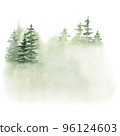 Green forest hill with pine trees illustration on white background. Watercolor foggy field sketch. Natural backdrop. Wild woodland landscape template 96124603