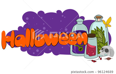 Happy Halloween banner or party invitation background with night clouds and pumpkins. Vector illustration. Full moon in the sky, spiders web and flying bats. Place for text 96124689