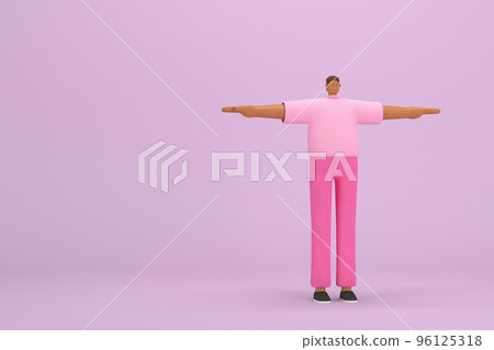 The black man with pink clothes.  He is standing with arms outstretched.    3d rendering of cartoon character in acting. 96125318