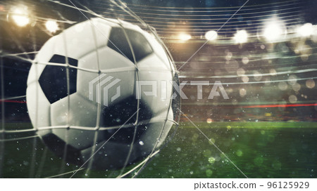 Soccer ball scores a goal on the net. 3D Rendering Soccer ball scores a goal on the net. 3D Rendering 96125929