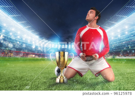 Golden winner's cup in the middle of a stadium with audience Golden winner's cup in the middle of a stadium with audience 96125978