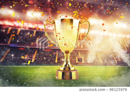 Golden winner's cup in the middle of a stadium with audience Golden winner's cup in the middle of a stadium with audience 96125979