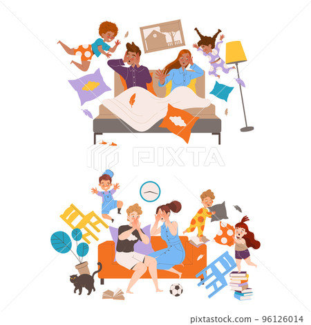 Naughty Hyperactive Children Characters Making Mess Fighting with Pillows and Jumping on Parent Bed Vector Set Naughty Hyperactive Children Characters Making Mess Fighting with Pillows and Jumping on Parent Bed Vector Set 96126014