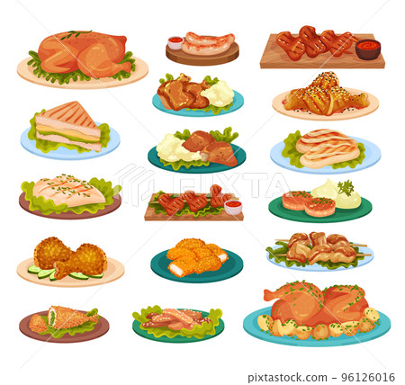 Chicken dishes set. Fried meat, steaks, meatballs and sausages from chicken meat cartoon vector illustration 96126016