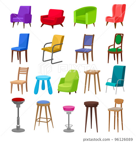 Set of chairs of different colors and shapes. Modern and classic furniture for home, office and cafe cartoon vector illustration Set of chairs of different colors and shapes. Modern and classic furniture for home, office and cafe cartoon vector illustration 96126089