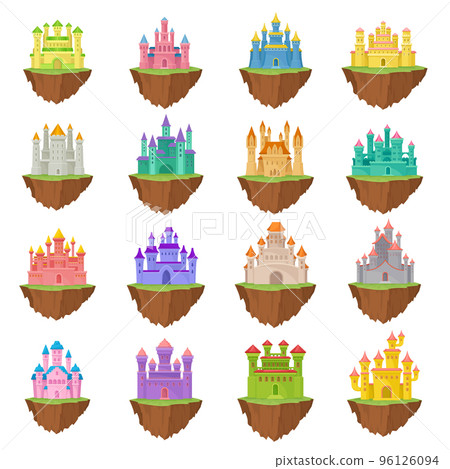 Flying islands with fairytale castles set. Fantasy princess castle cartoon vector 96126094