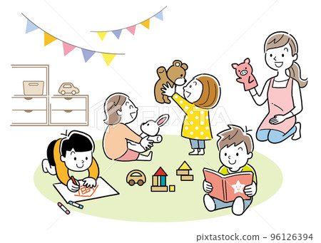 Vector illustration material: Children spending time in kindergarten and nursery school and a nursery teacher 96126394