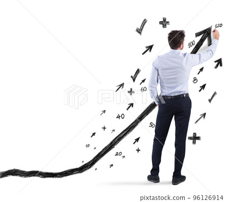 Businessman draws positive statistics of his company. Concept of success Businessman draws positive statistics of his company. Concept of success 96126914
