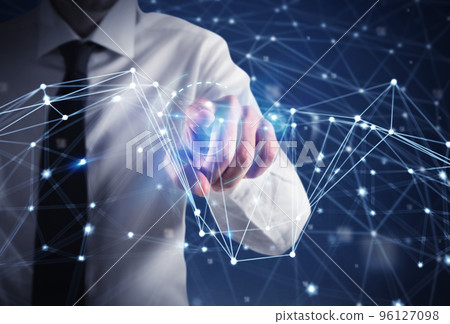 Businessman works with futuristic internet interface 96127098