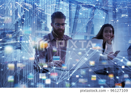 Businessman in office connected on internet network. concept of startup company Businessman in office connected on internet network. concept of startup company 96127109
