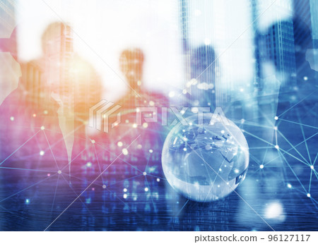 Businessmen that work together in office with global network connection effect. Concept of teamwork and partnership. double exposure 96127117