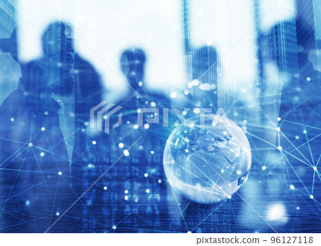 Businessmen that work together in office with global network connection effect. Concept of teamwork and partnership. double exposure 96127118