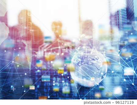 Businessmen that work together in office with global network connection effect. Concept of teamwork and partnership. double exposure Businessmen that work together in office with global network connection effect. Concept of teamwork and partnership. double exposure 96127119