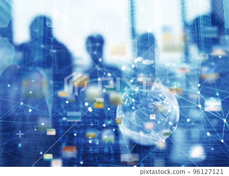 Businessmen that work together in office with global network connection effect. Concept of teamwork and partnership. double exposure 96127121