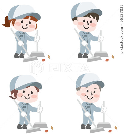 Illustration set of workers cleaning fallen leaves 96127833