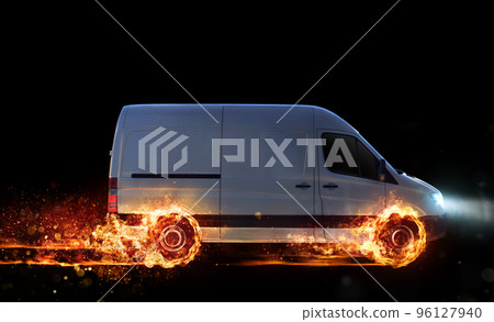 Super fast delivery of package service with van with wheels on fire Super fast delivery of package service with van with wheels on fire 96127940