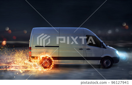 Super fast delivery of package service with van with wheels on fire 96127941