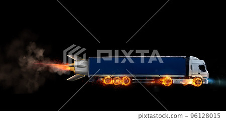 Super fast delivery of package service with a truck with wheels on fire 96128015