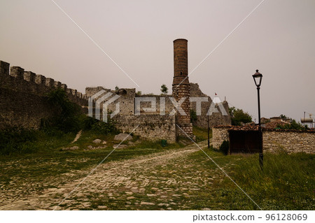 Exterior view to ruined Xhamia e Kuqe aka Red Mosque at Berat fortress, Berat, Albania Exterior view to ruined Xhamia e Kuqe aka Red Mosque at Berat fortress, Berat, Albania 96128069