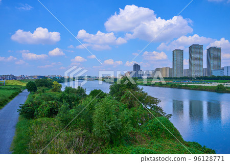 從川崎市中原區（東京都大田區）的氣橋到多摩川（下丸子3丁目丸子橋方向）的水邊風景 96128771