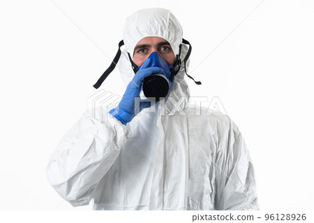Doctor wearing protective biological suit and mask due to coronavirus 2019-nCoV global pandemic warning and danger background against white background. Doctor wearing protective biological suit and mask due to coronavirus 2019-nCoV global pandemic warning and danger background against white background. 96128926