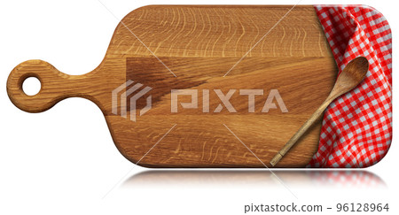 Old Cutting Board with a Checkered Tablecloth and a Spoon 96128964