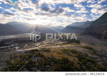 aerial view of Hunder village in Himalayas in the morning, background in Nubra Valley, Ladakh, India. 96129016