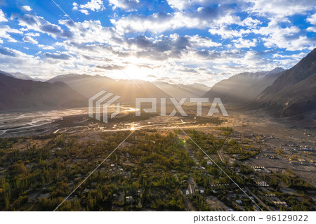aerial view of Hunder village in Himalayas in the morning, background in Nubra Valley, Ladakh, India. 96129022